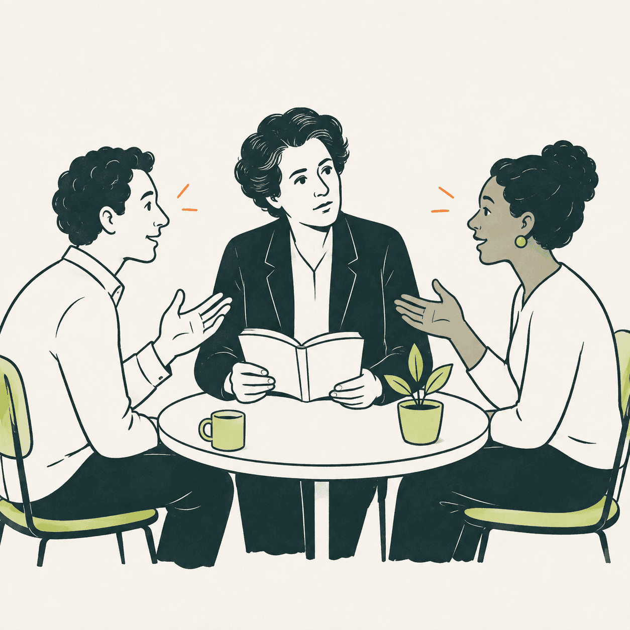 Hannah Arendt illustrata con un libro aperto, fra due persone che dialogano intorno a un tavolo rotondo.
