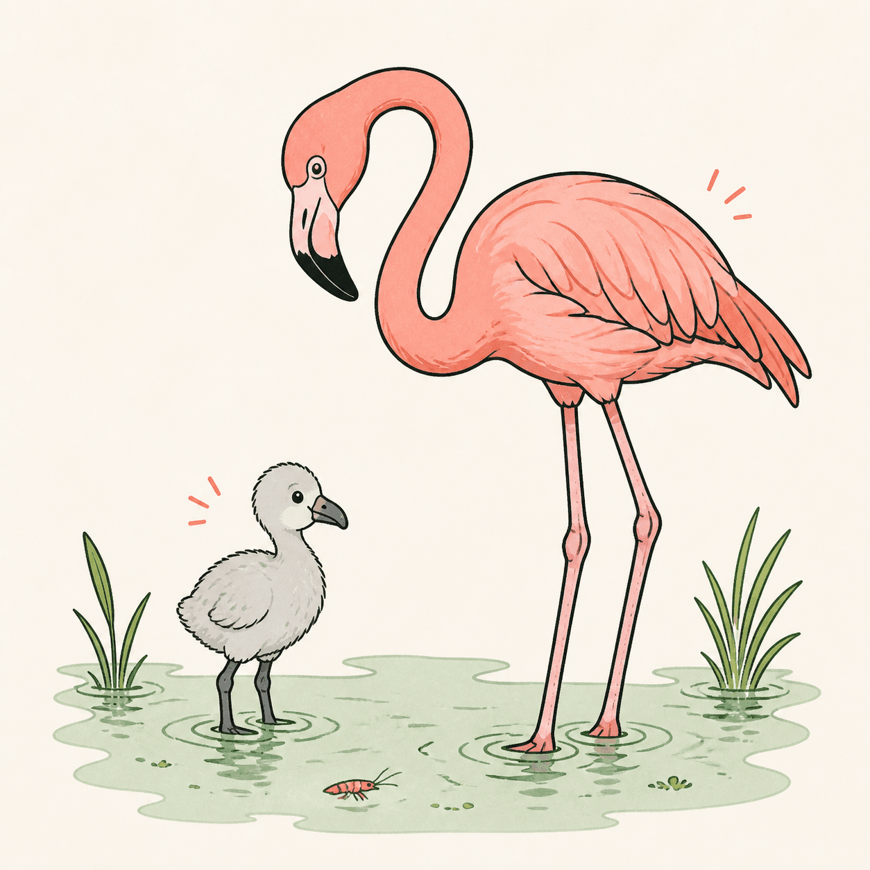 Un fenicottero adulto rosa e un pulcino grigio illustrati in acqua bassa, con un piccolo crostaceo arancione e piante acquatiche.