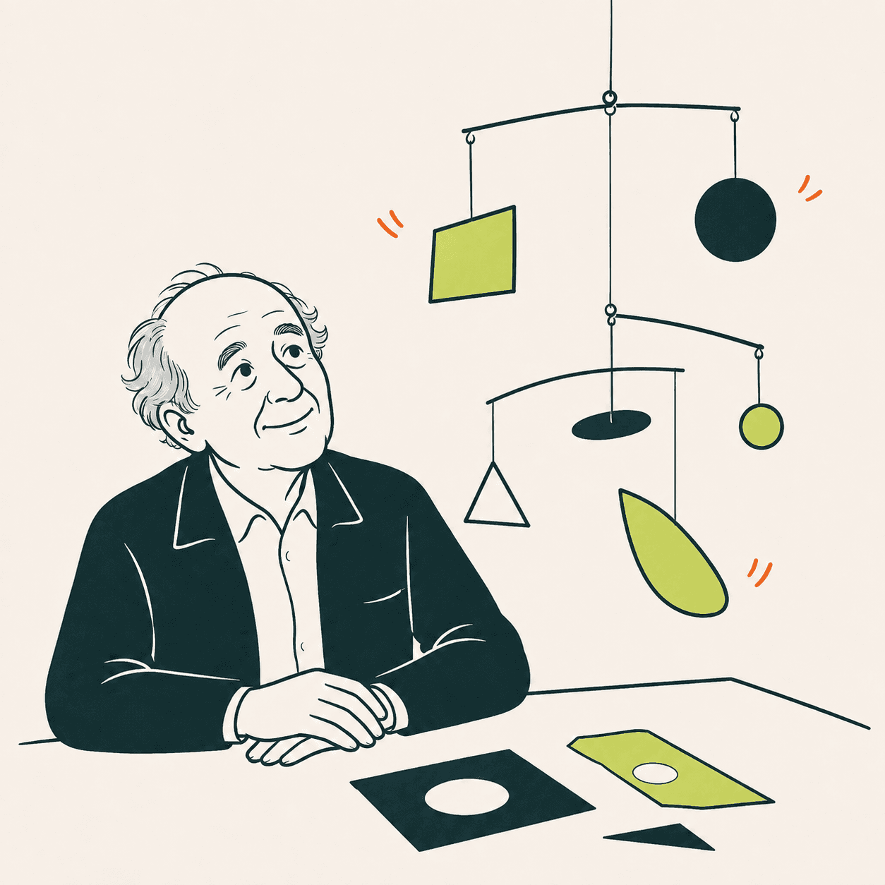 Bruno Munari illustrato al tavolo osserva un mobile sospeso di forme geometriche verdi e scure, con fili di sostegno visibili.