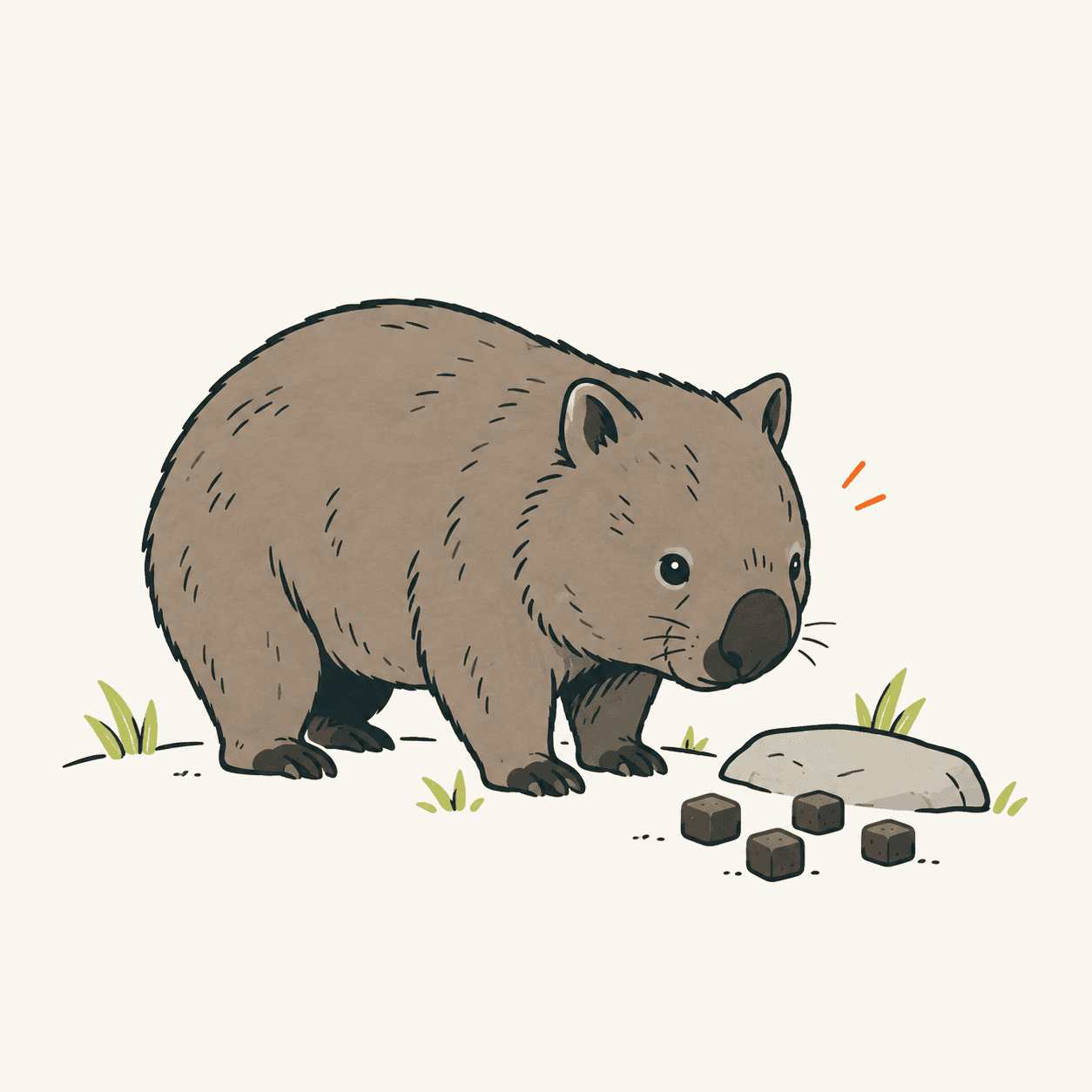 Un wombat dal naso nudo sulle quattro zampe, accanto a una pietra e quattro piccoli escrementi cubici.