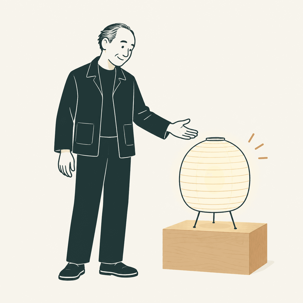 Ritratto interpretativo di Isamu Noguchi accanto a una lampada di carta rotonda e stilizzata, appoggiata su un blocco di legno.