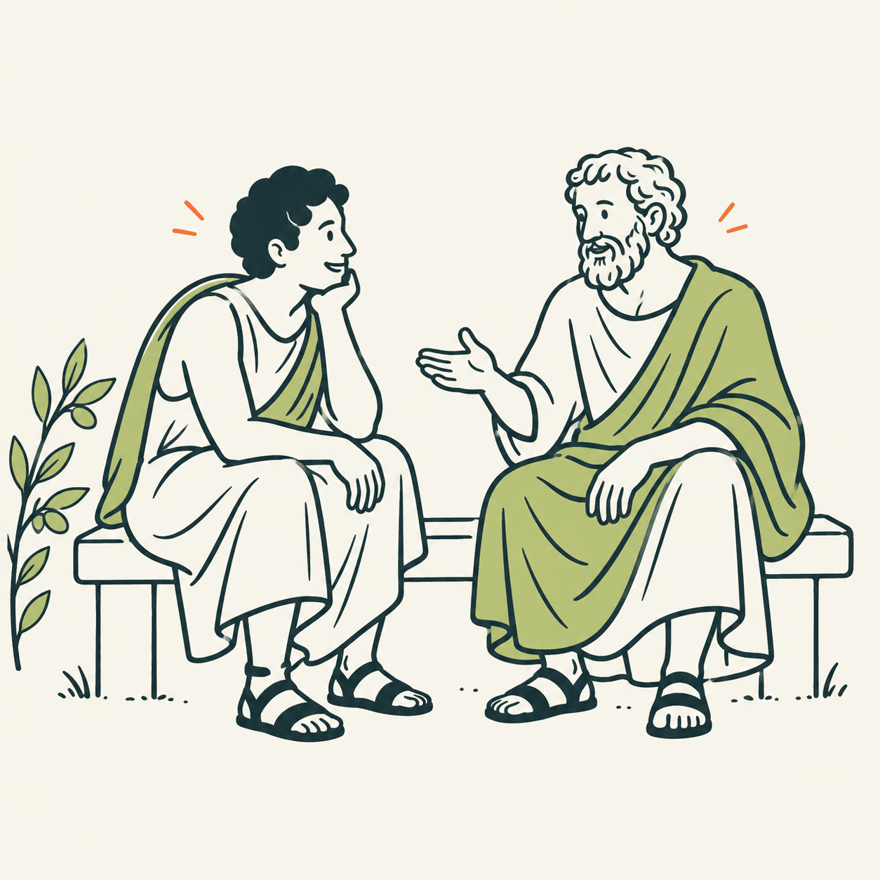 Scena interpretativa di Aristotele, con barba e mantello verde, mentre conversa con un amico su una panca accanto a un ramo d’ulivo.