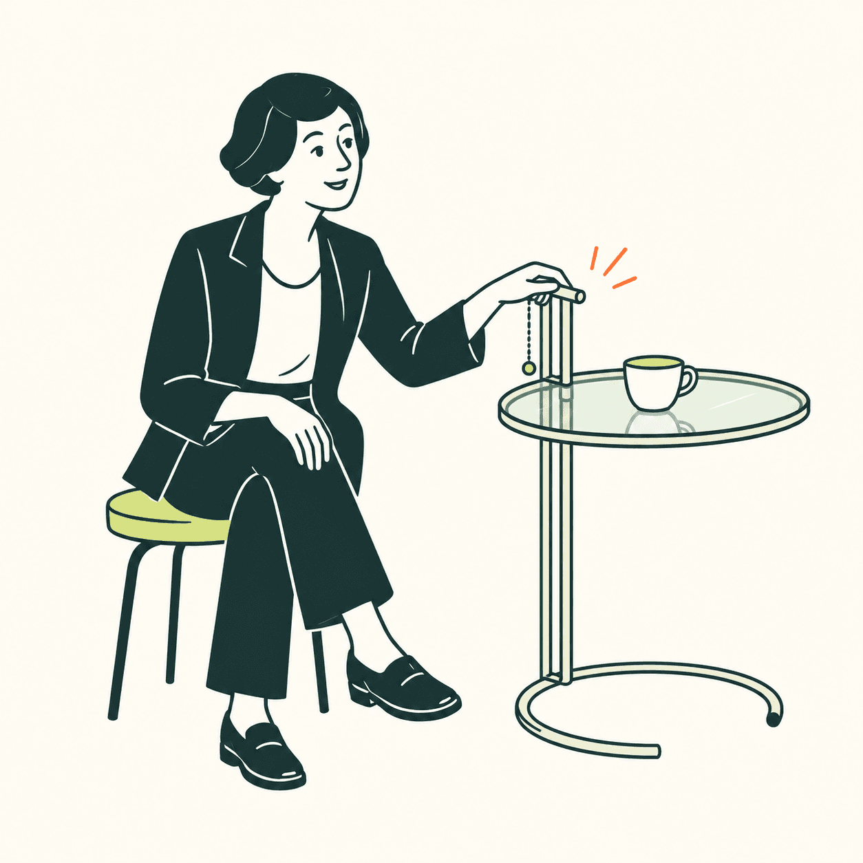 Ritratto interpretativo di Eileen Gray seduta accanto a un tavolino circolare di vetro, con sostegno regolabile laterale e una tazza.