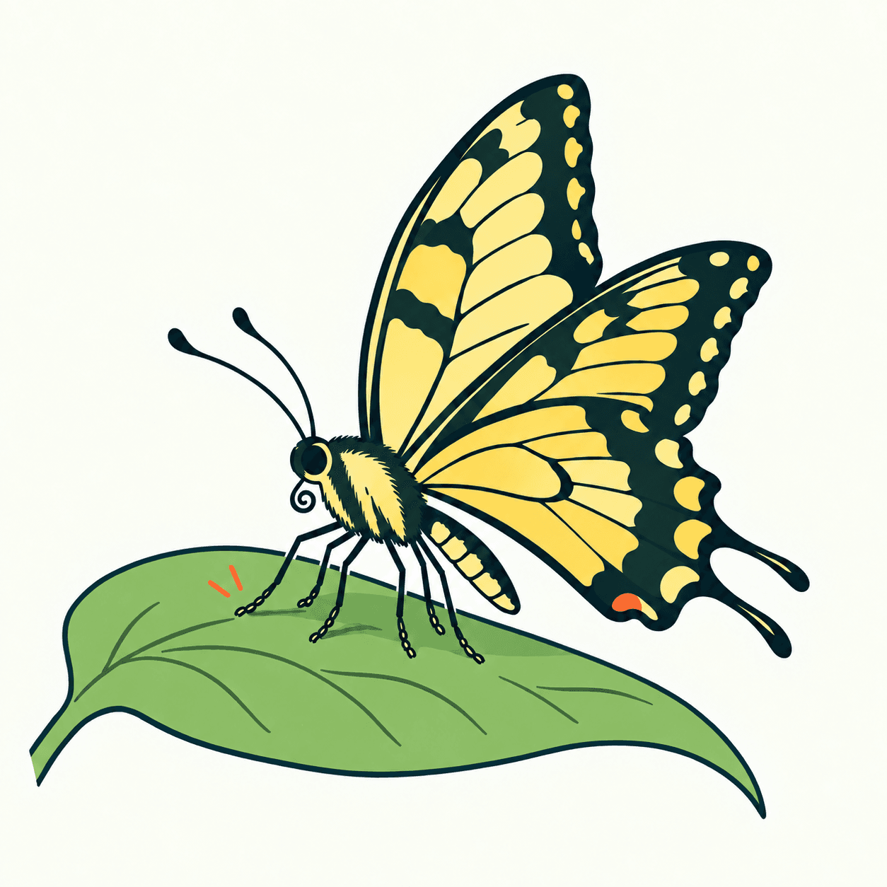Una farfalla stilizzata, gialla e scura, con piccole code sulle ali tocca una foglia con sei zampe; antenne e proboscide arrotolata sono visibili.