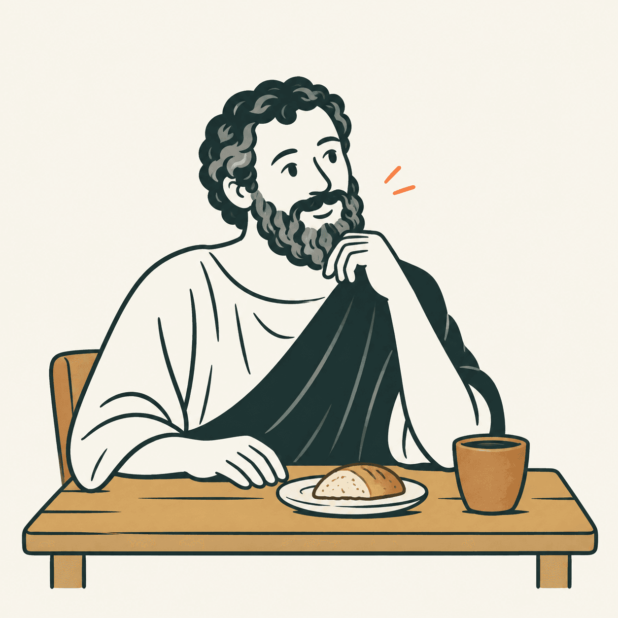 Ritratto interpretativo di Epicuro, con capelli ricci e barba, seduto a un tavolo con pane e una tazza d’acqua.