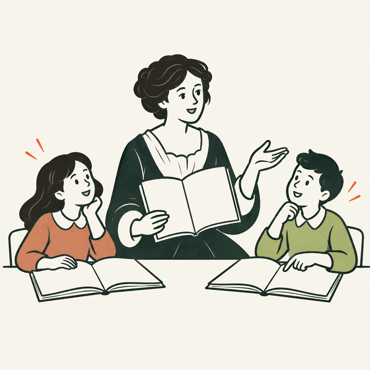 Scena concettuale: Mary Wollstonecraft con un libro aperto e una bambina e un bambino che studiano allo stesso tavolo; le pagine sono senza testo.
