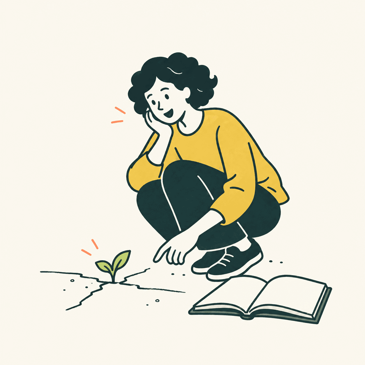 Una persona osserva con sorpresa un piccolo germoglio cresciuto in una crepa del marciapiede, accanto a un libro aperto.