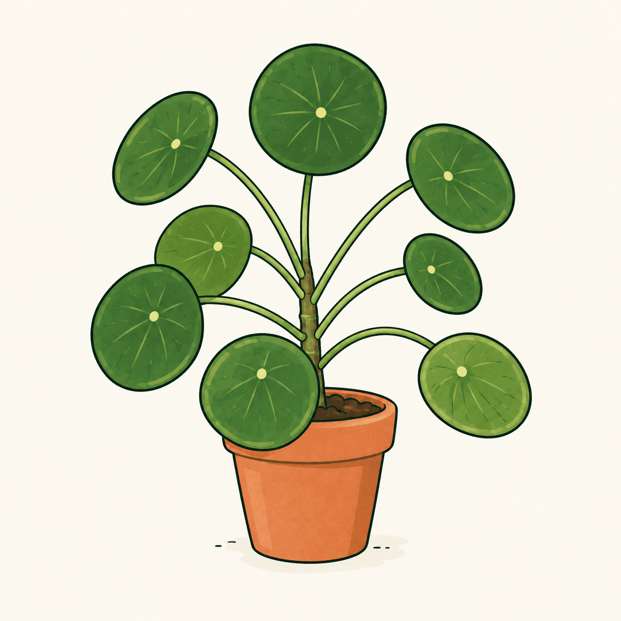 Pilea peperomioides in un vaso di terracotta: foglie verdi tonde, nervature che partono dal centro e lunghi piccioli visibili dietro le lamine.