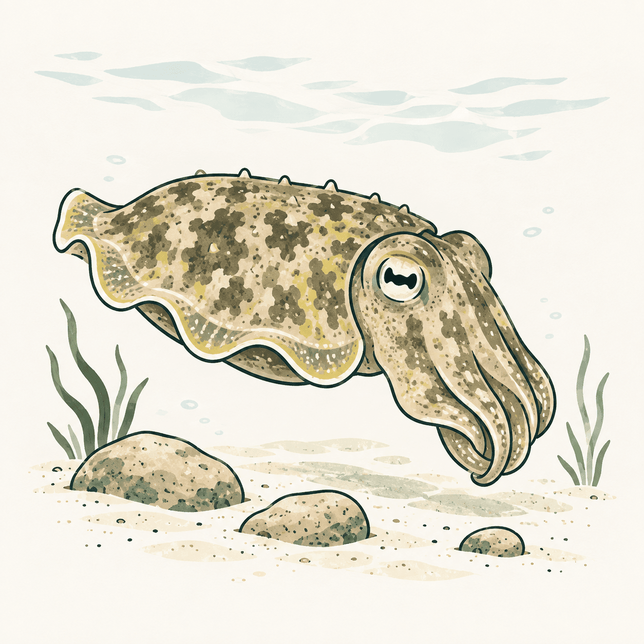 Seppia comune illustrata in acqua luminosa, con mantello maculato, piccoli rilievi cutanei, pinna ondulata e pupilla ondulata.