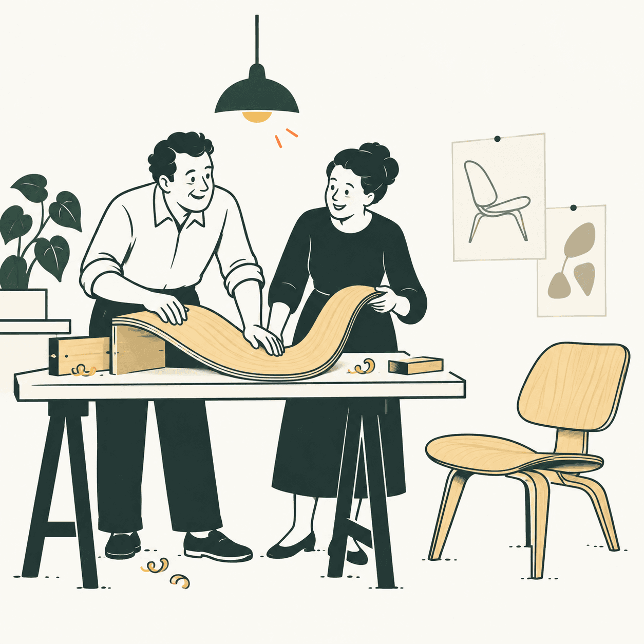 Interpretazione illustrata di Charles e Ray Eames al tavolo con fogli di compensato curvi e una sedia ispirata alle loro ricerche.