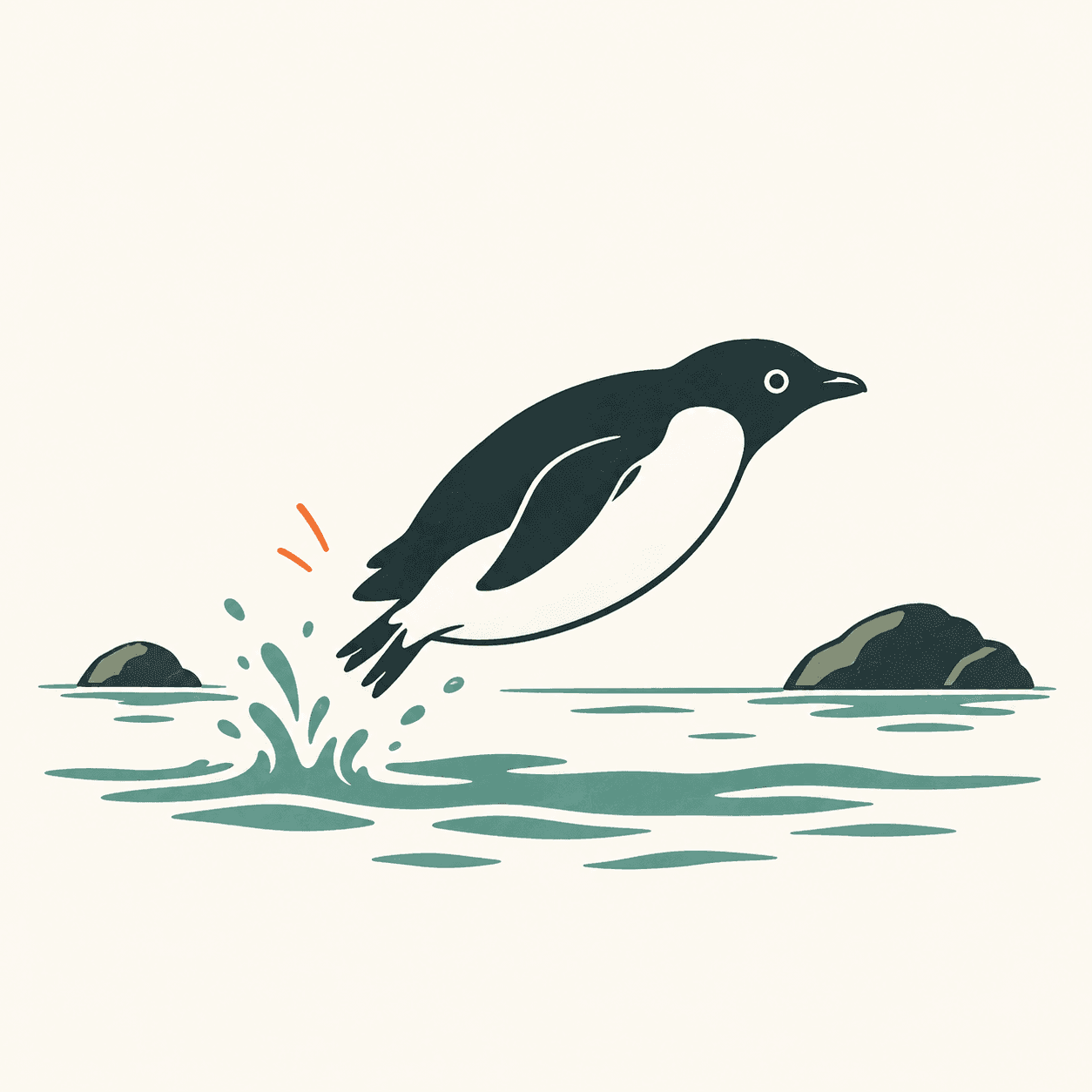 Un pinguino di Adelia emerge dall’acqua con un arco basso durante una sequenza di porpoising.