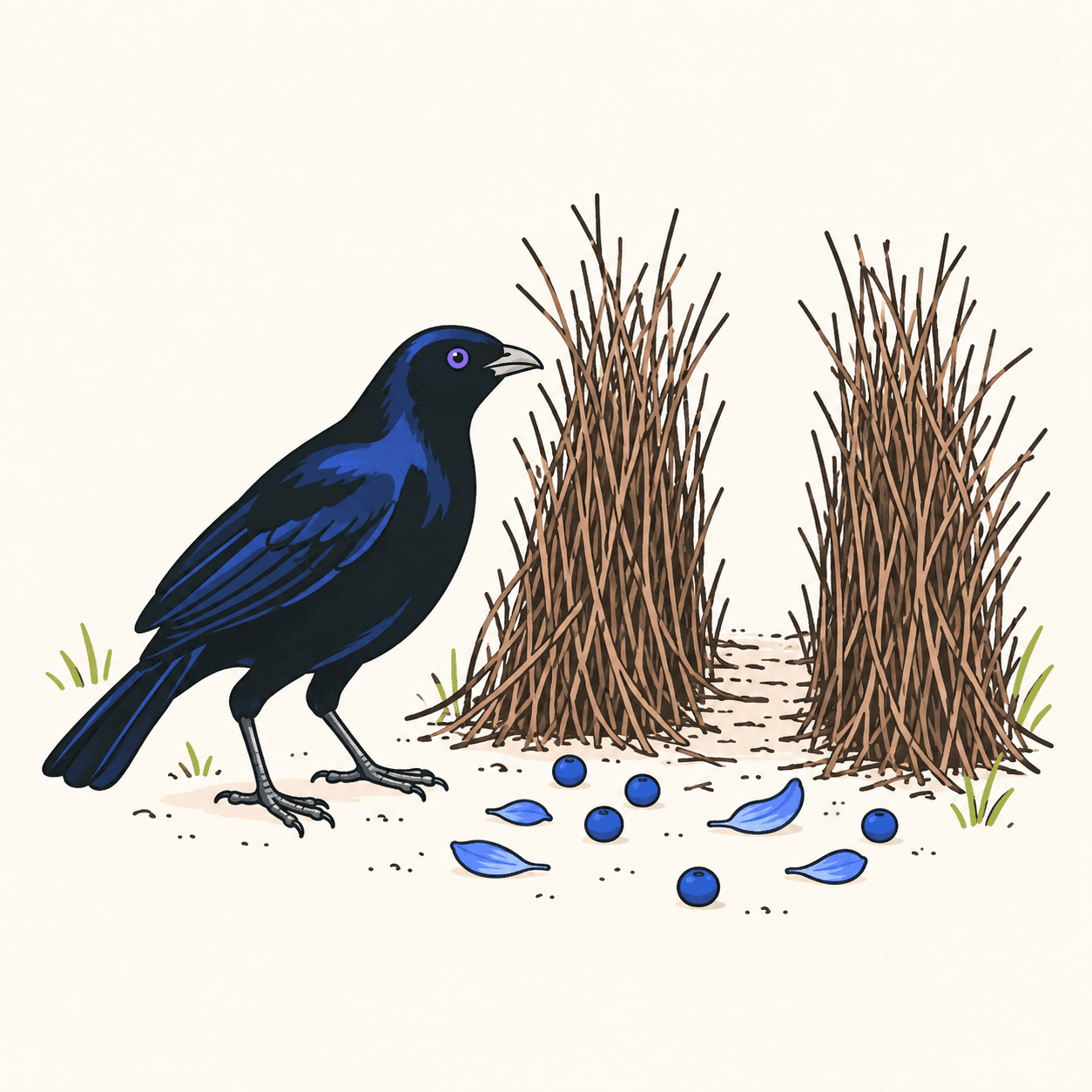 Maschio adulto di satin bowerbird blu-nero accanto a due pareti di rametti e poche decorazioni blu sul terreno, senza uova.