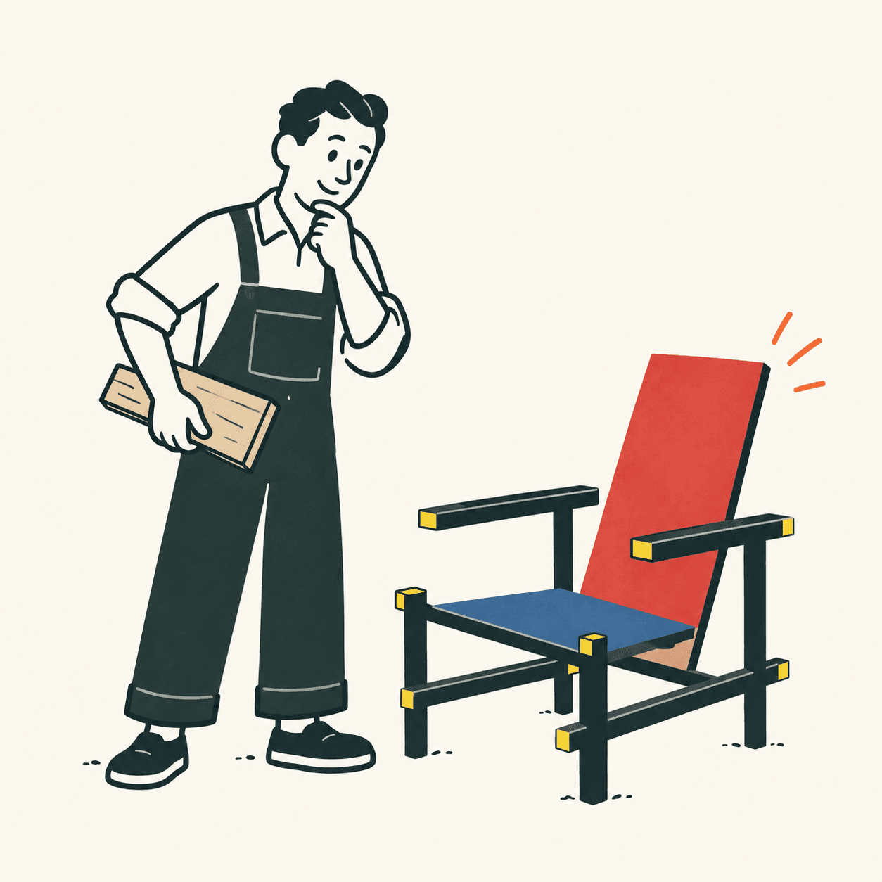 Interpretazione illustrata di Gerrit Rietveld giovane, in grembiule, accanto a una sedia geometrica con schienale rosso, sedile blu e struttura scura: non una fotografia o un disegno tecnico del progetto.