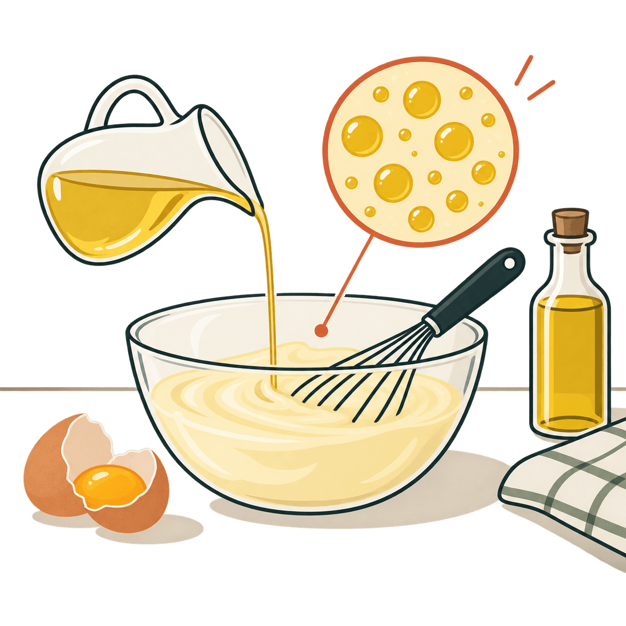 Ciotola, frusta, olio e un uovo accompagnano una vista editoriale semplificata delle goccioline d’olio distribuite nella salsa.