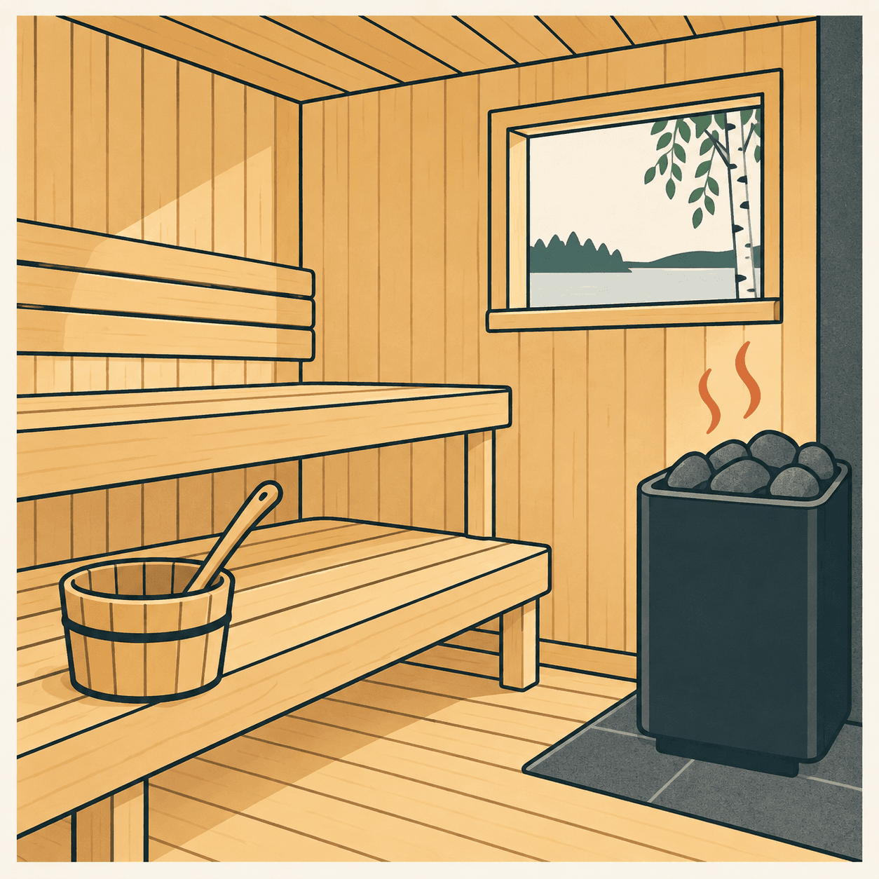 Una sauna in legno vuota, con panche, stufa coperta di pietre, secchio e mestolo, in un’illustrazione editoriale.