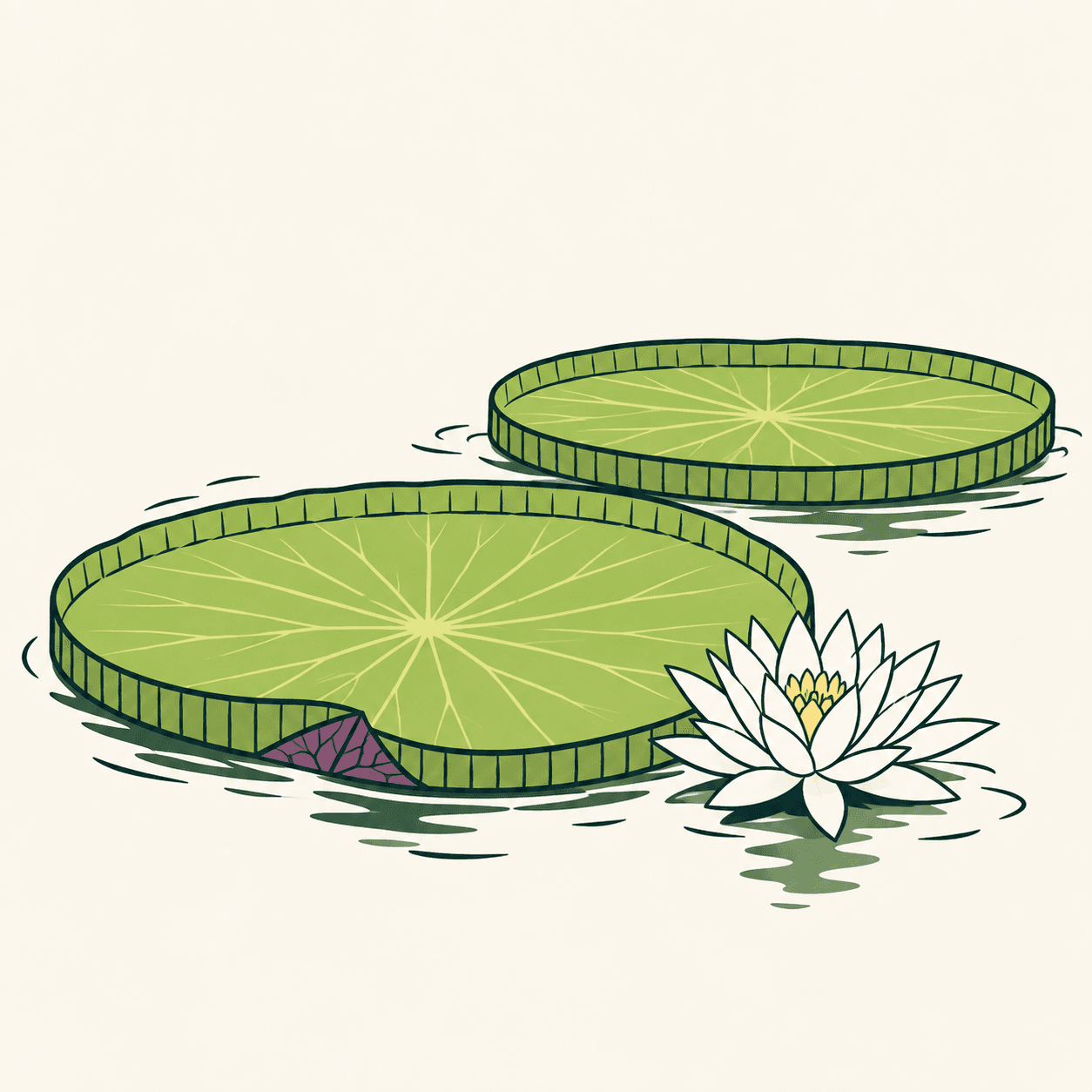 Illustrazione editoriale di foglie circolari di Victoria amazonica, con bordi bassi rialzati e rete di nervature visibile.