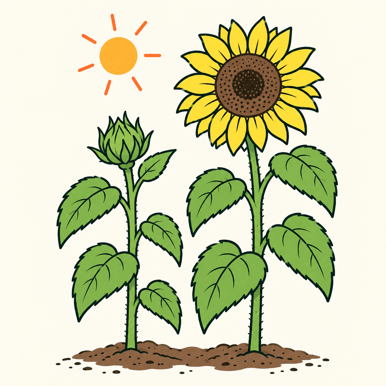 Un girasole giovane con bocciolo chiuso accanto a una pianta con la testa aperta, nel sole: confronto illustrativo delle fasi.