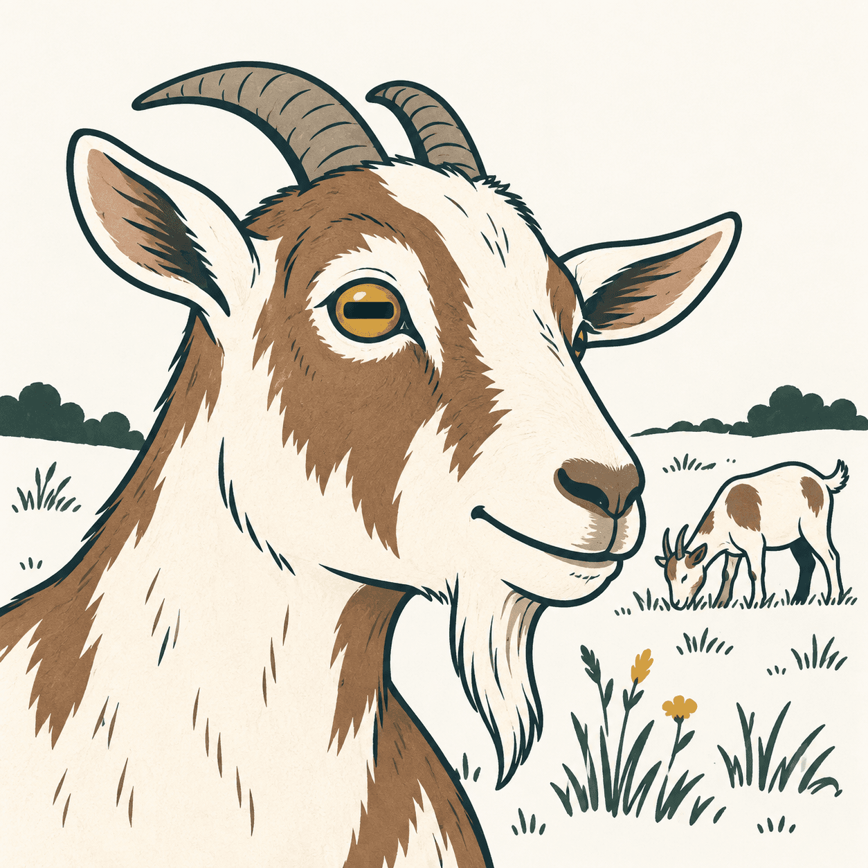 Capra illustrata di profilo con occhio laterale e pupilla rettangolare orizzontale dagli angoli arrotondati, accanto a ciuffi d’erba.