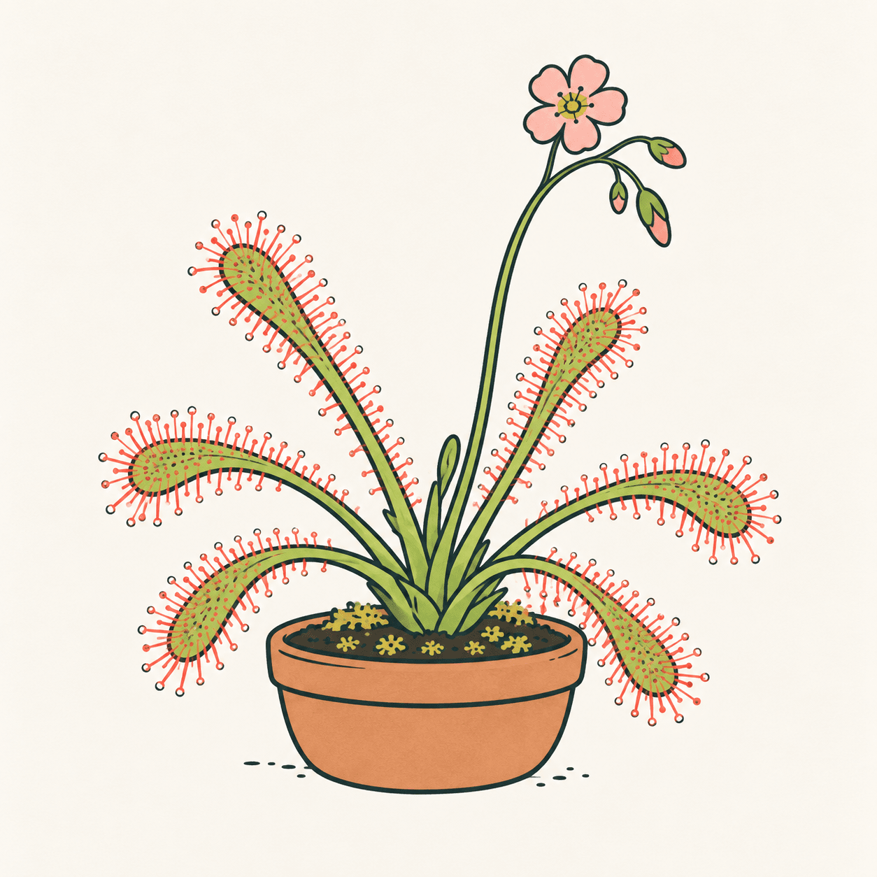 Drosera capensis illustrata con foglie strette a rosetta, peli rossastri e gocce adesive lucide; fiori rosa su uno stelo.