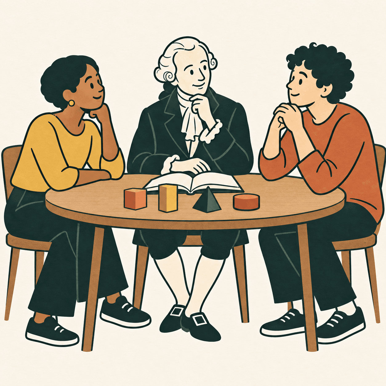 Interpretazione illustrata di Kant con due persone che collaborano attorno a un tavolo, senza gerarchie di dimensione.