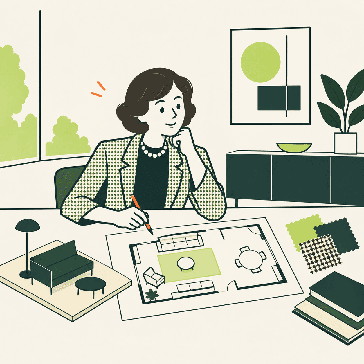 Interpretazione editoriale di Florence Knoll al tavolo con una pianta di una stanza e campioni di tessuto, senza riprodurre un progetto storico.
