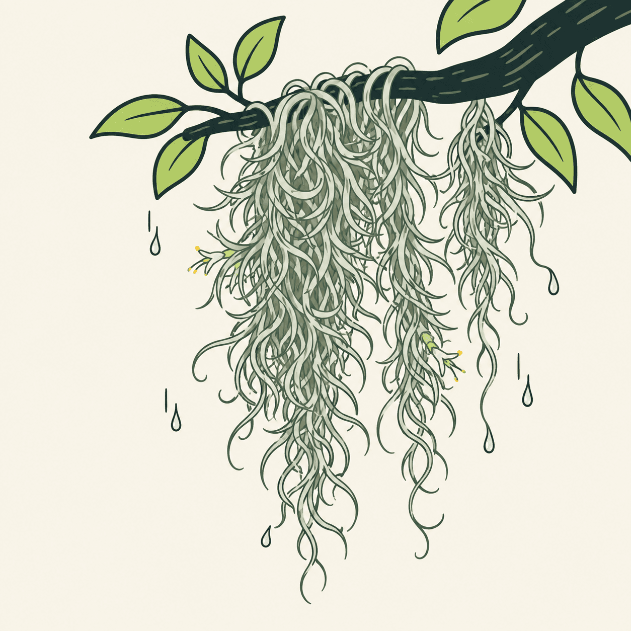 Tillandsia usneoides illustrata con fusti pendenti, foglie argentee strette e ricurve e gocce di pioggia, appesa a un ramo di sostegno.
