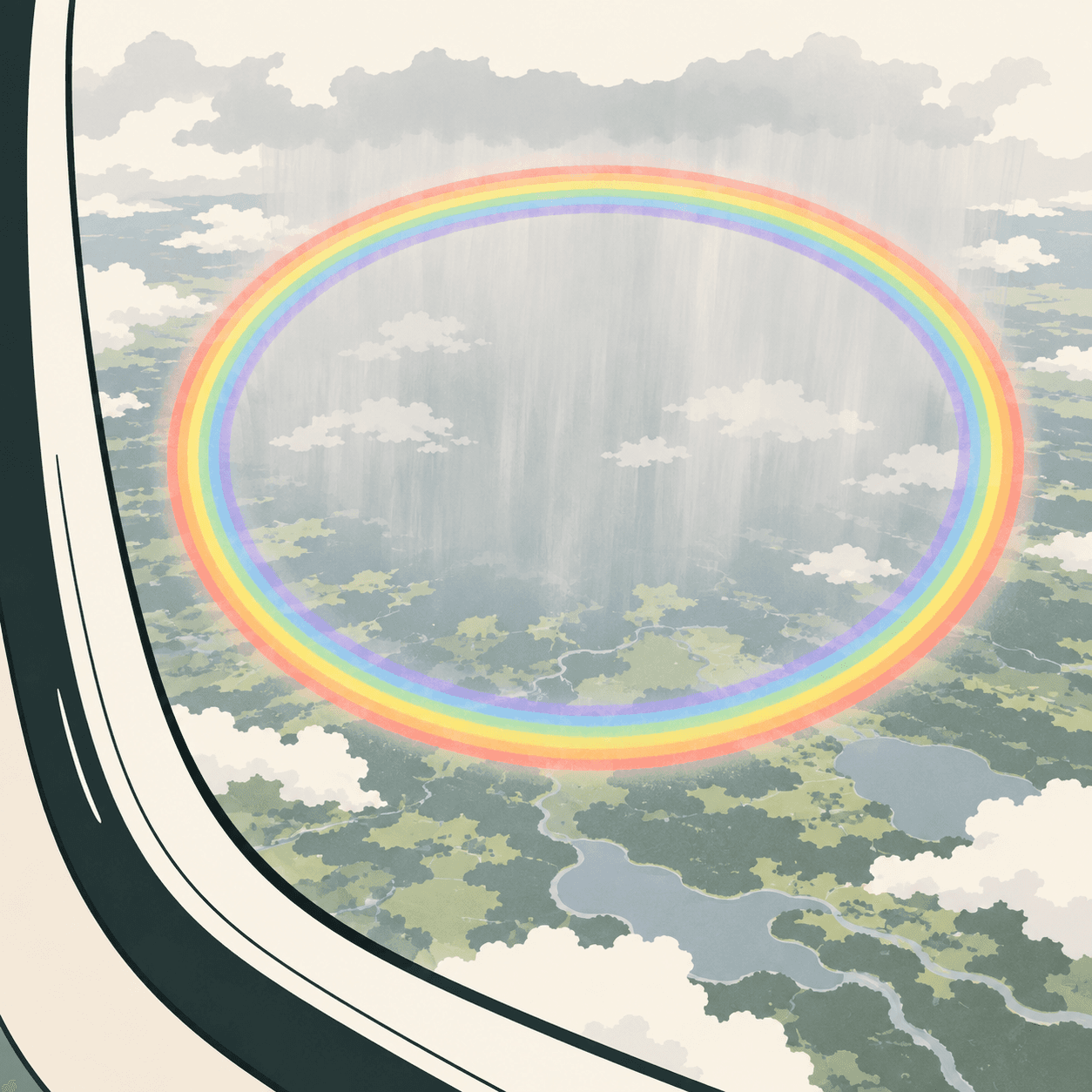 Interpretazione editoriale di un arcobaleno completo visto dal finestrino di un aereo, con il rosso all’esterno e il violetto all’interno.
