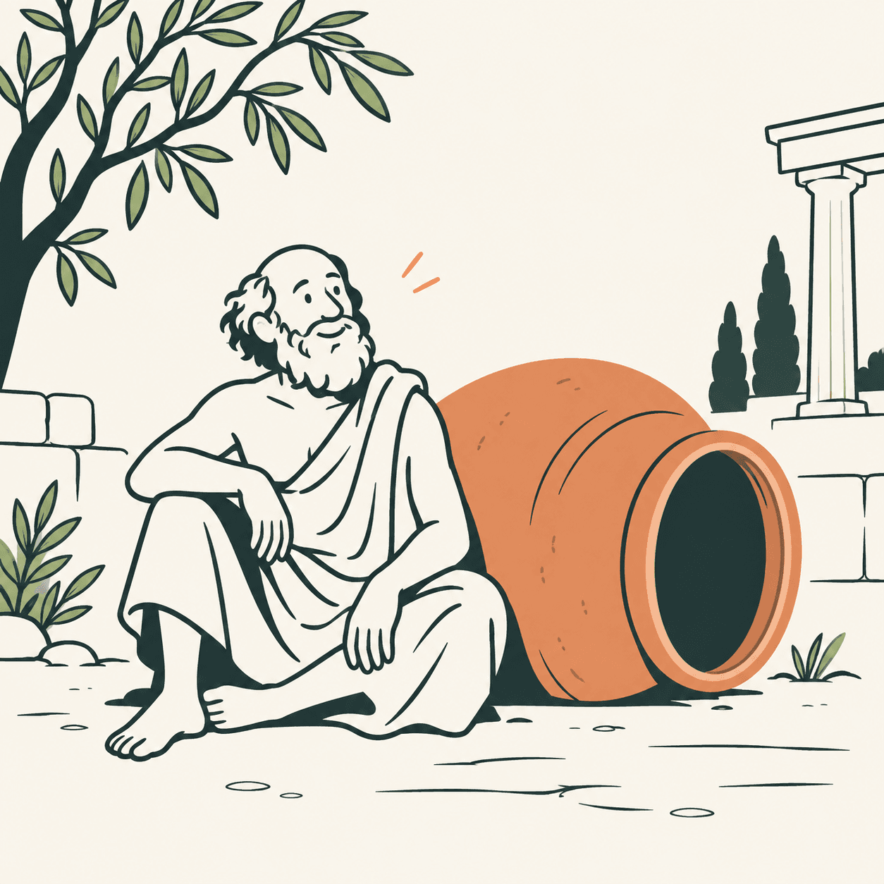Interpretazione editoriale di Diogene con mantello semplice accanto a un grande recipiente di terracotta, ispirata alla tradizione biografica.
