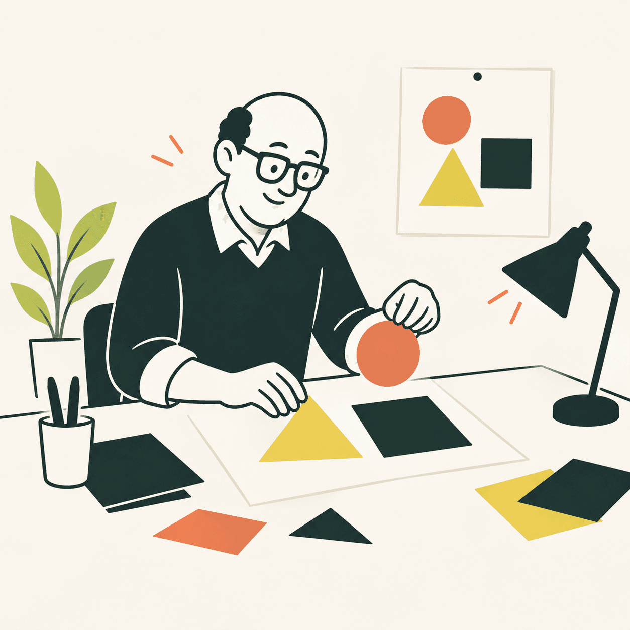 Interpretazione editoriale di Paul Rand al tavolo con forme geometriche e prove grafiche, senza riprodurre marchi reali.