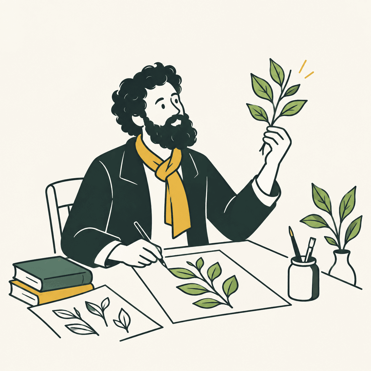 Interpretazione editoriale di William Morris al tavolo, con un ramo e studi di motivi botanici inventati.
