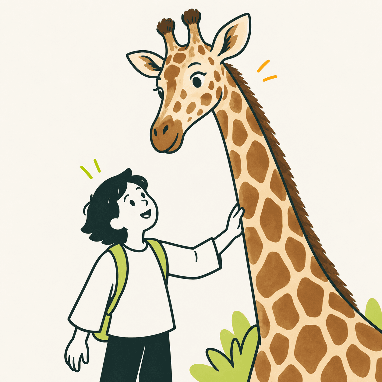 Scena immaginaria: un bambino con zaino osserva una giraffa e posa una mano sul suo lungo collo, senza mostrare le ossa interne.