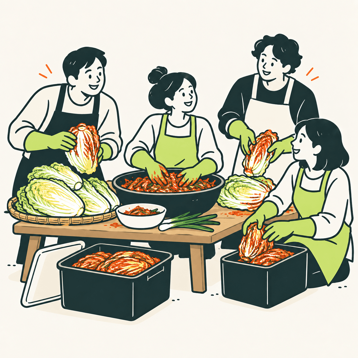 Quattro persone con grembiuli e guanti condiscono cavoli napa tagliati a metà e li sistemano in contenitori, in una scena editoriale di kimjang.