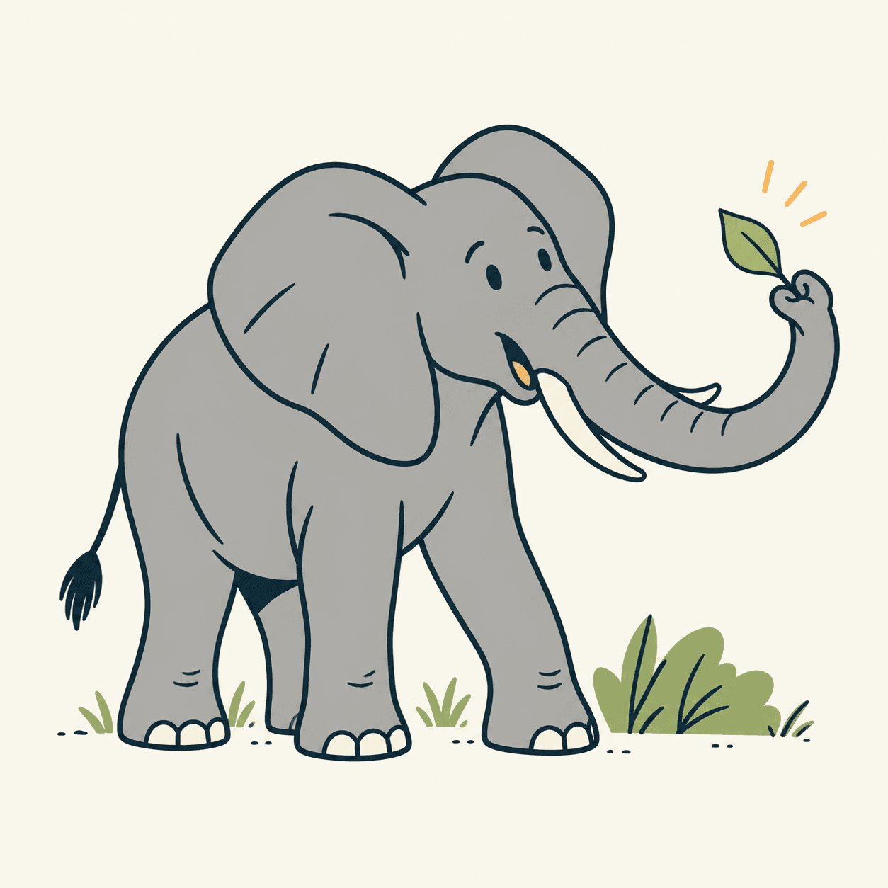 Illustrazione editoriale di un elefante africano che afferra delicatamente una foglia con la punta della proboscide.