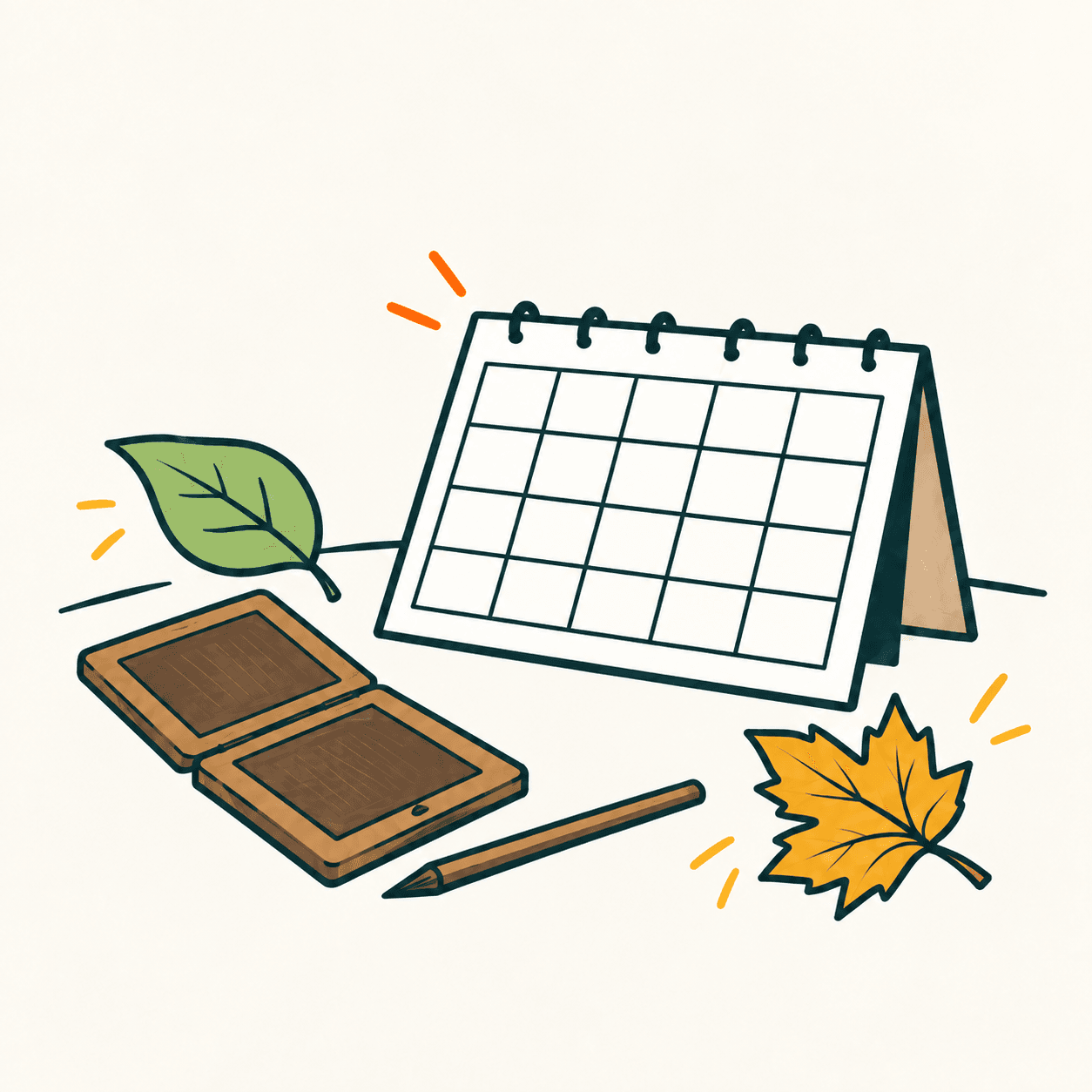 Metafora editoriale della parola calendario: un calendario con caselle vuote, tavolette cerate, uno stilo e due foglie, senza lettere o numeri.