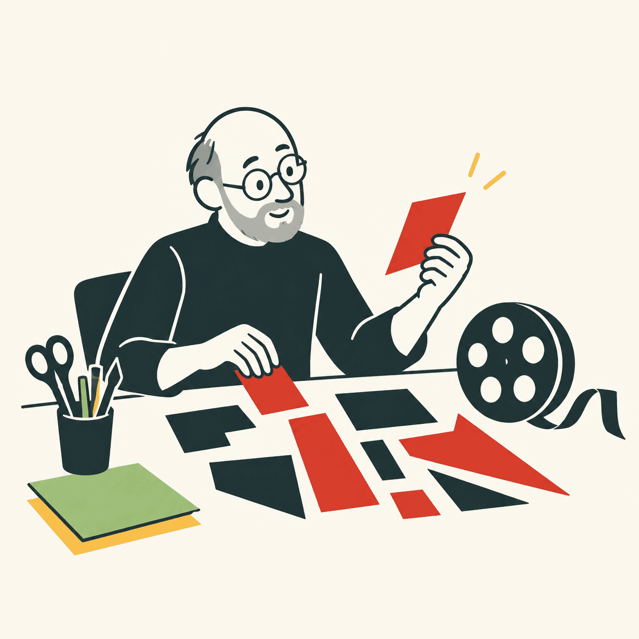 Interpretazione editoriale di Saul Bass al tavolo con forme di carta e studi grafici immaginari, senza riprodurre un manifesto storico.