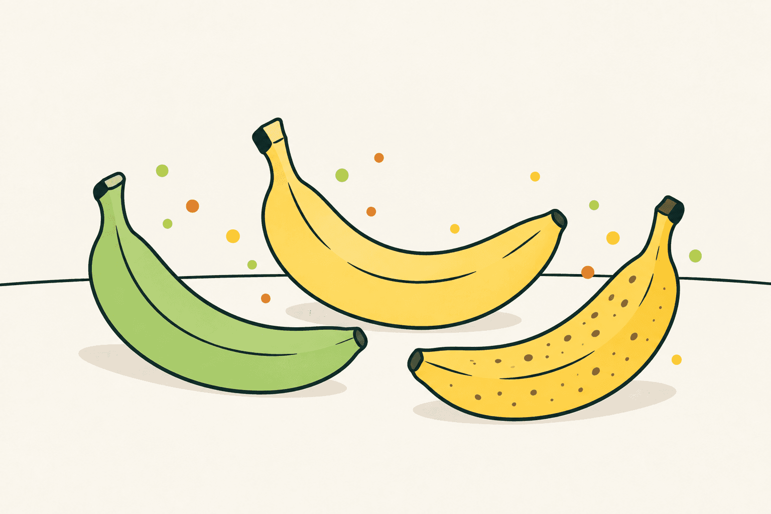 Illustrazione editoriale di banane verdi e gialle su un tavolo, per confrontare diversi aspetti della maturazione senza rappresentare misure di laboratorio.