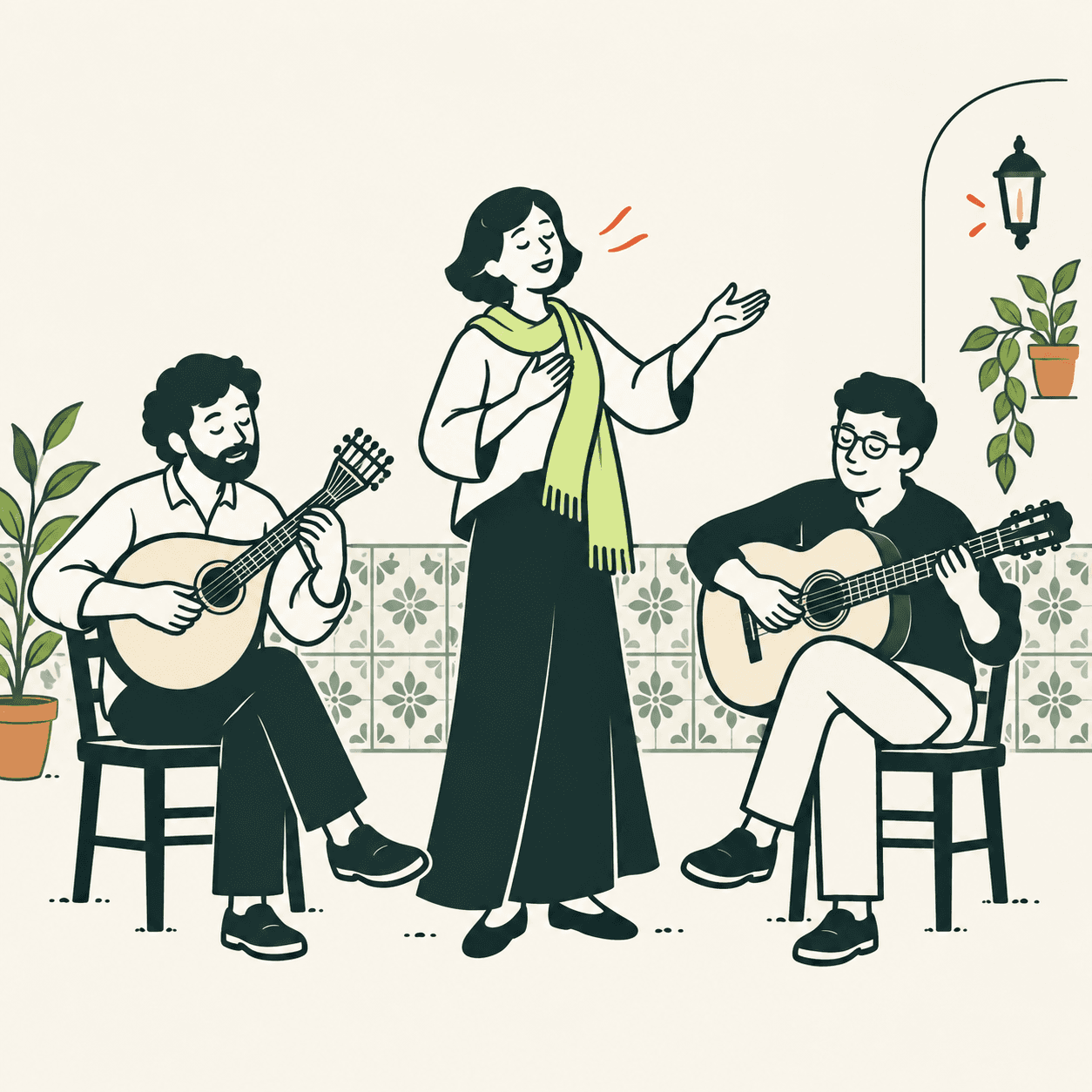 Scena editoriale immaginaria di fado con una cantante, una chitarra classica e una chitarra portoghese a pera; non raffigura un’esibizione storica.