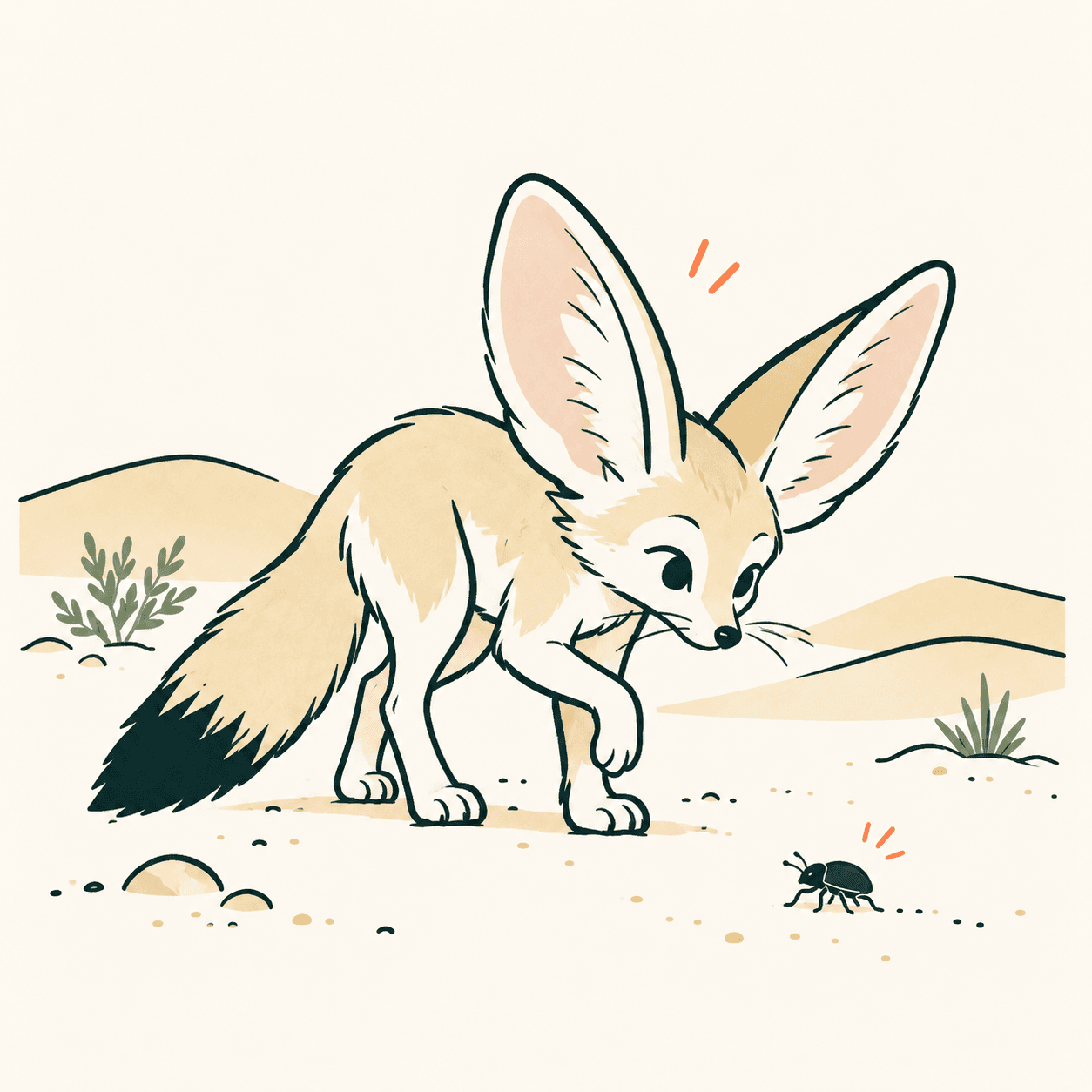 Illustrazione editoriale di un fennec color sabbia con orecchie molto grandi, zampe pelose e punta scura della coda; dettagli semplificati.