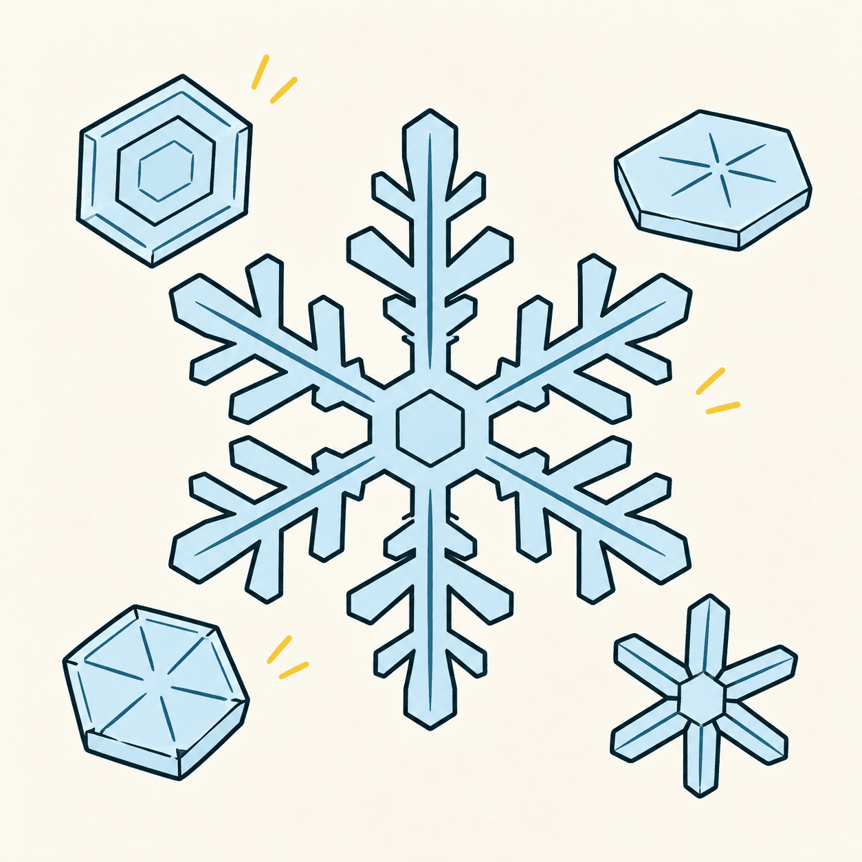 Un grande cristallo di neve azzurro con sei bracci ramificati, circondato da quattro forme esagonali e stellate; rappresentazione ingrandita.