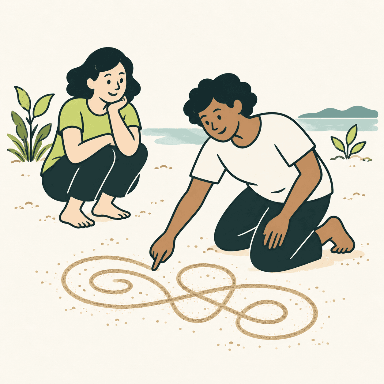Una persona inginocchiata traccia con un dito curve e spirali sulla sabbia mentre un’altra osserva; scena illustrativa con motivo astratto.