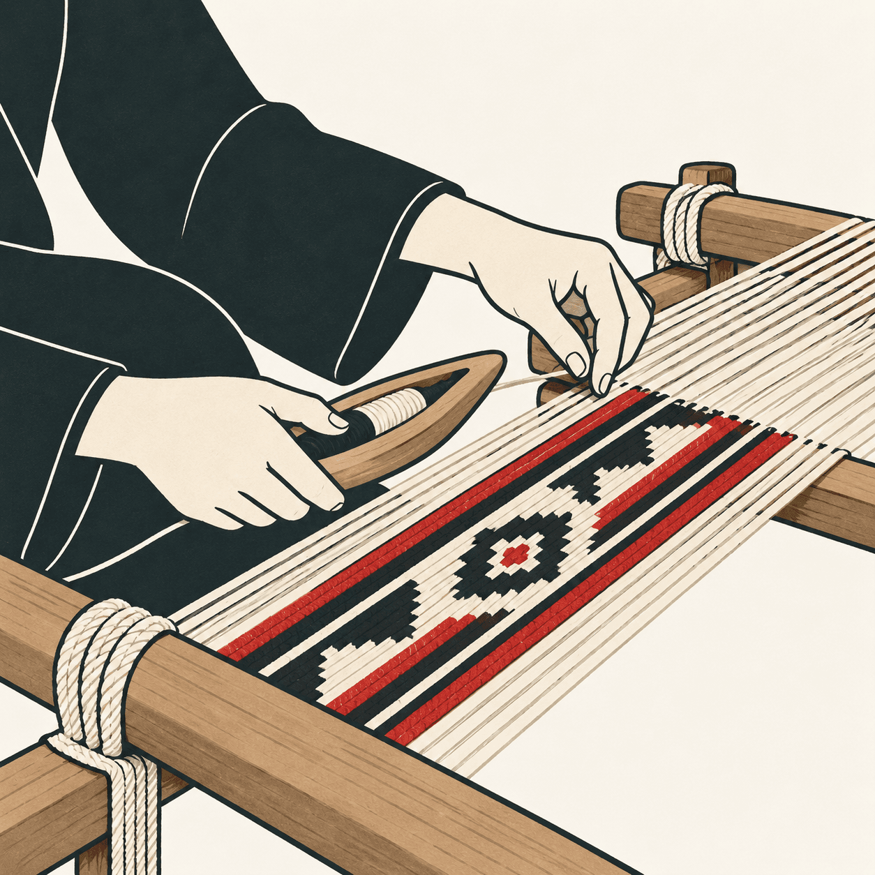 Illustrazione editoriale delle mani di una tessitrice presso un telaio basso con fili e fasce geometriche rosse, nere e avorio.