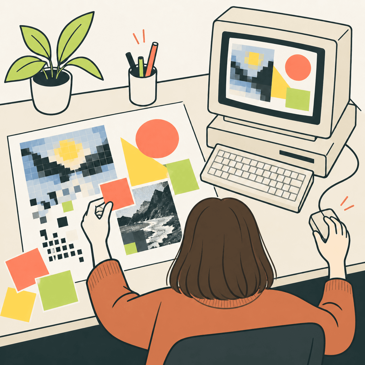 Interpretazione editoriale del lavoro di April Greiman: una designer al tavolo con un computer degli anni Ottanta e una composizione astratta inventata.