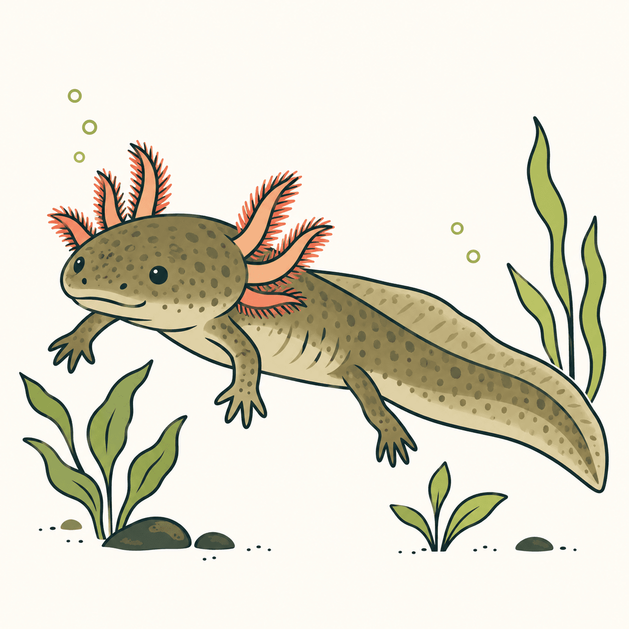 Illustrazione editoriale di un axolotl scuro sott’acqua, con branchie esterne piumose ai lati della testa e una coda con pinna.