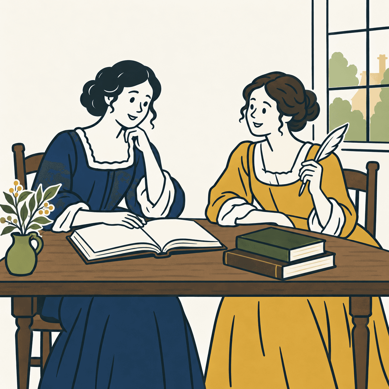 Scena editoriale di studio femminile ispirata all’epoca di Mary Astell, con libri aperti; non è un ritratto storico documentario.