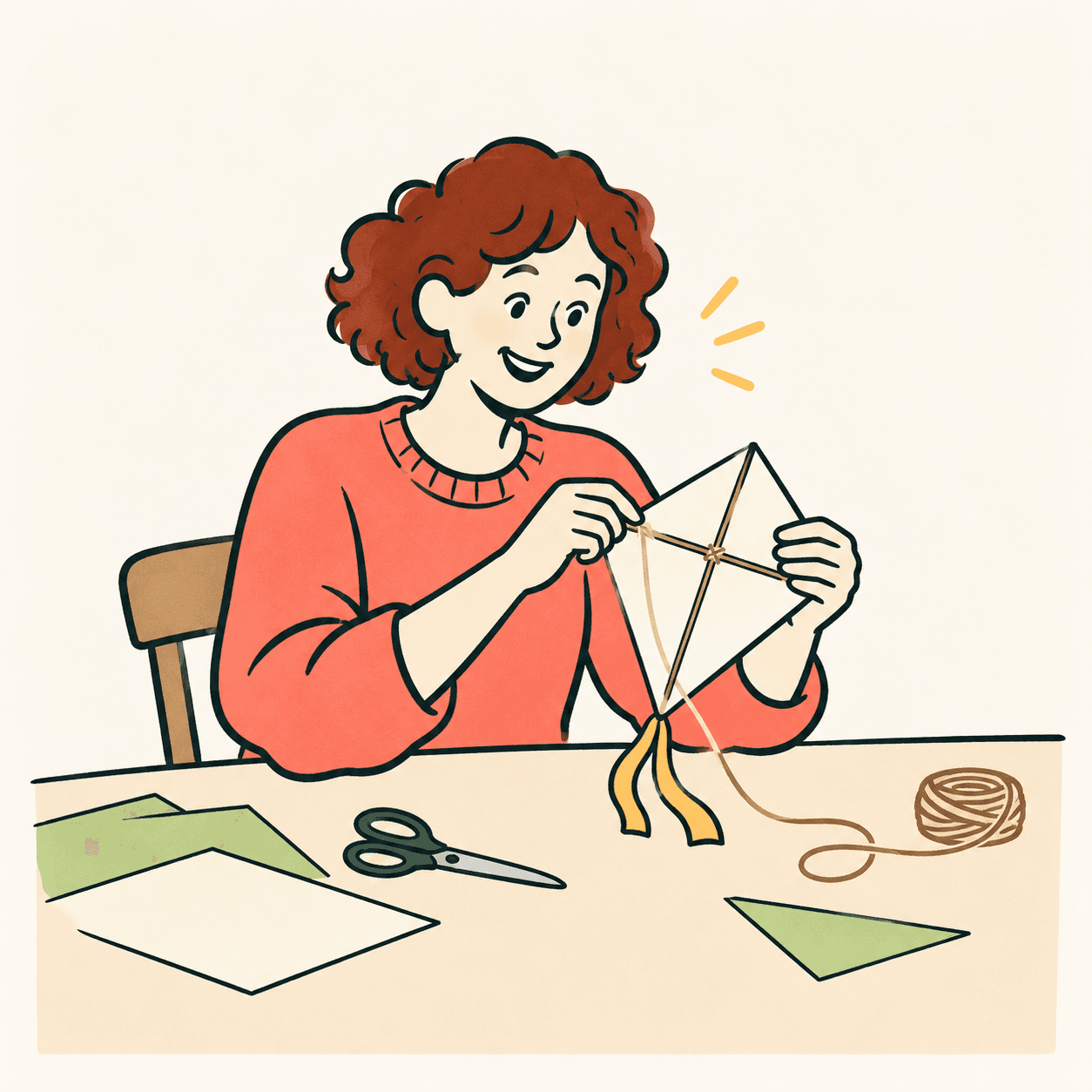 Illustrazione editoriale di una persona che costruisce un aquilone, con una scintilla dorata che rappresenta l’entusiasmo; la luce è una metafora.