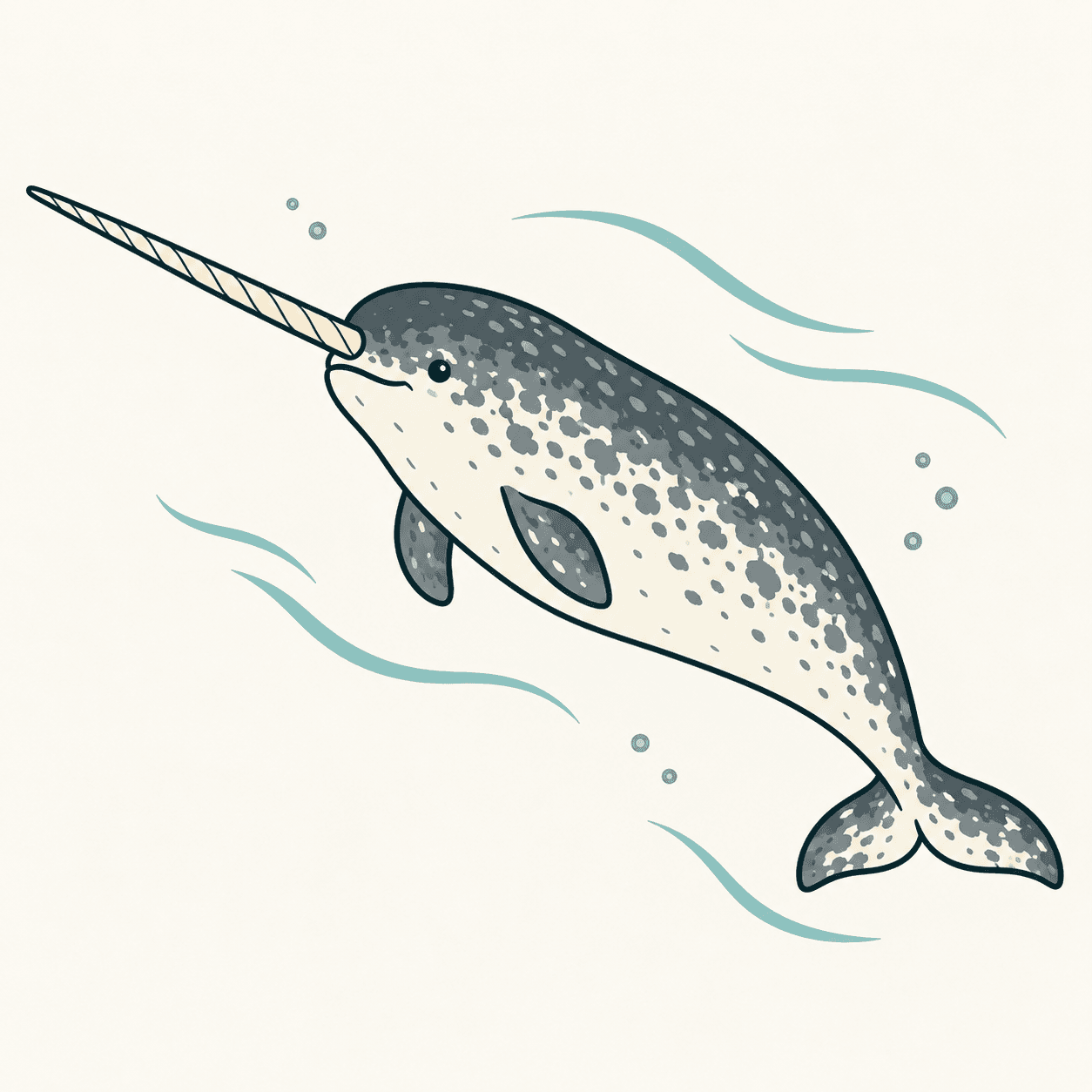 Illustrazione editoriale di un narvalo maculato nell’acqua artica, senza pinna dorsale e con una lunga zanna a spirale che emerge dal labbro superiore.