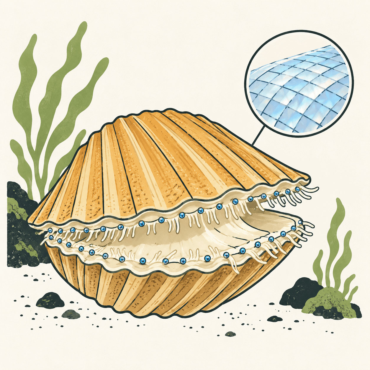 Una capasanta aperta mostra piccoli occhi blu lungo il mantello; un riquadro circolare evoca il mosaico riflettente interno, senza essere un diagramma anatomico.