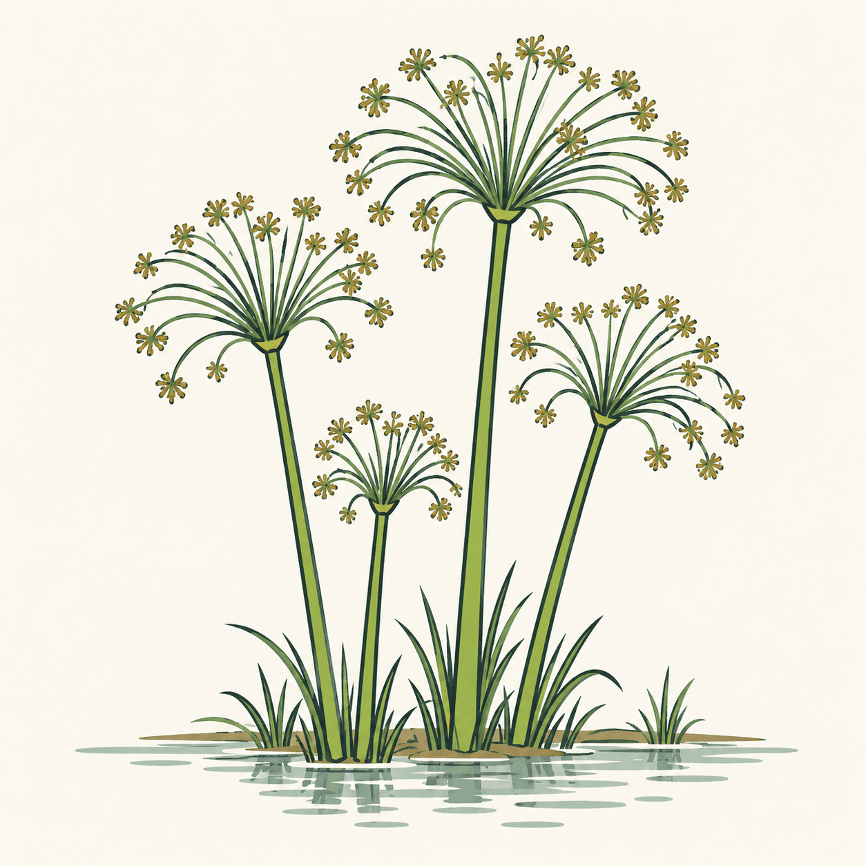 Ciuffi di Cyperus papyrus con fusti verdi slanciati e infiorescenze a raggi sottili sul margine di una zona d’acqua.