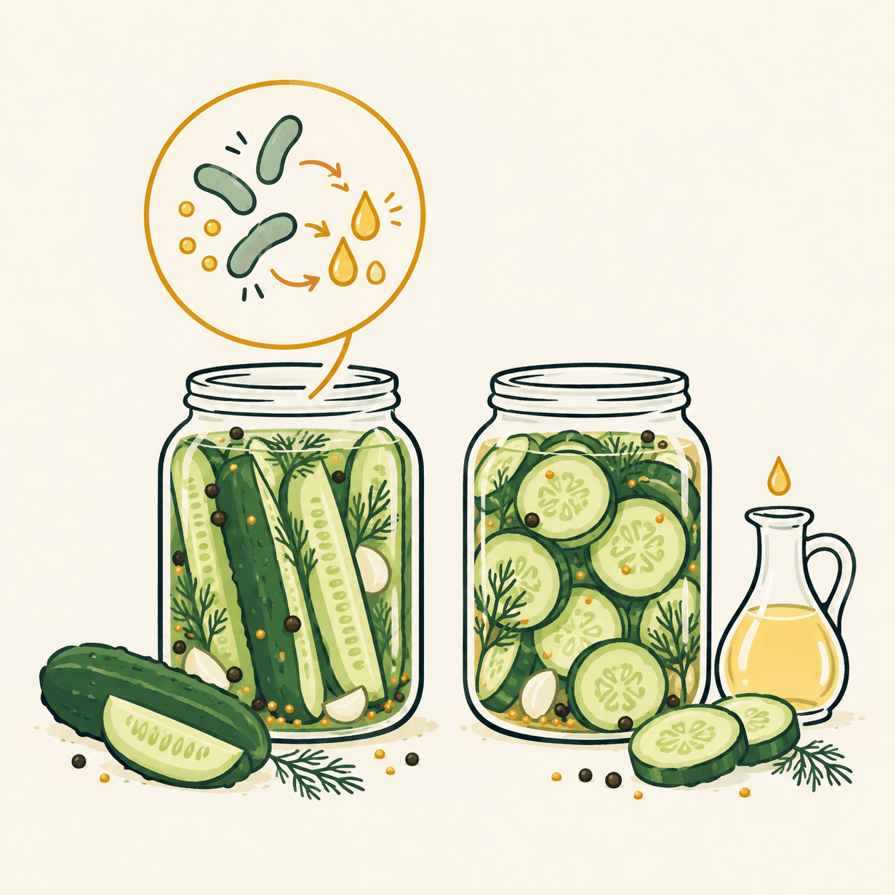 Deux bocaux de concombres conservés, l’un avec des bactéries agrandies dans un encadré et l’autre à côté de vinaigre : comparaison illustrative des procédés, sans instructions de conservation.