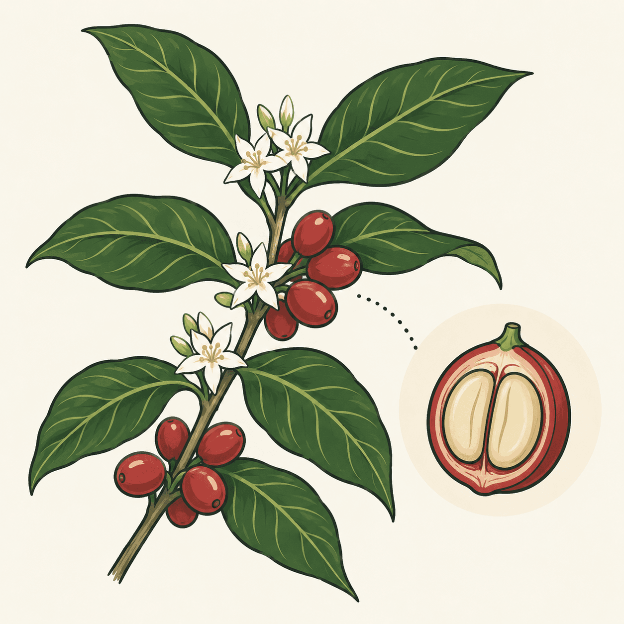 Rameau illustré de Coffea arabica avec feuilles opposées, fleurs blanches et fruits rouges ; une coupe agrandie montre deux graines pâles.